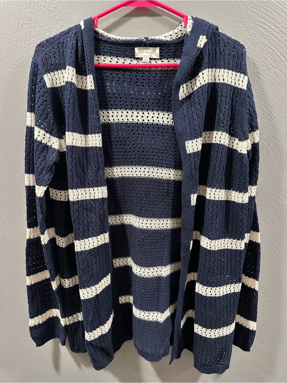 Lucky Brand Navy and White Striped Open-Front Hooded Cardigan